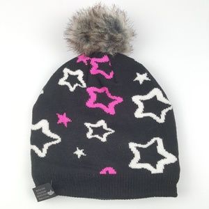 Black Pink Stars Faux Wool Lined Beanie